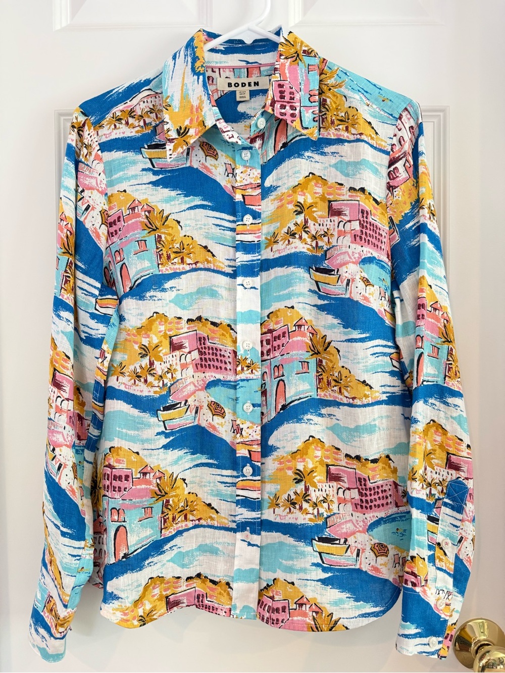 Boden Multicolor Linen Button Down Shirt Size 8 - Picture 8 of 9